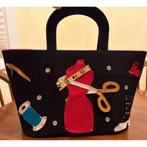 Vintage Garay Black Wool Felt Sewing Novelty Tote Bag Red Lining Dress Form